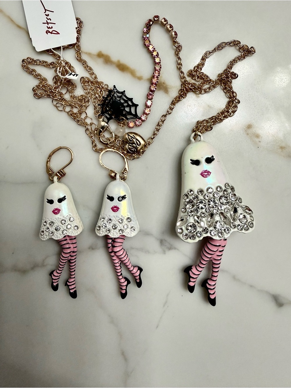 Betsey Johnson White & Pink Crystal Ghost Necklace and Earring Set - Picture 2 of 8